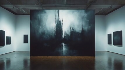 Wall Mural - a large black and white painting of a cityscape hangs on the wall