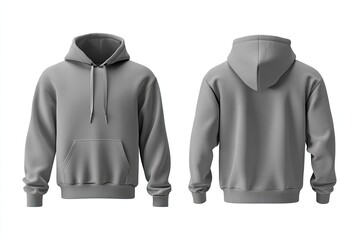 gray hoodie mockup. front and back views of a plain, light gray hoodie, featuring a drawstring hood 