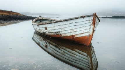  Old Wooden Fishing Boat on Calm Reflective Water in Serene Seascape