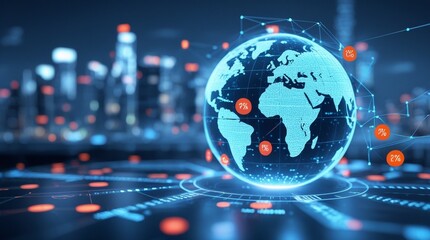 A futuristic digital representation of global trade and import tariffs, surrounded by data points and percentage signs, reflects a modern, high-tech financial environment.