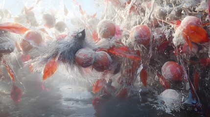 Wall Mural - frozen pears and autumn leaves enveloped in ice creating a stunning nature scene
