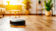 © Irina B - Advanced robotic vacuum cleaner navigating sunny hardwood floor, ideal for modern home automation. perfect cleaning solution for dust-free living spaces, enhancing home interior design