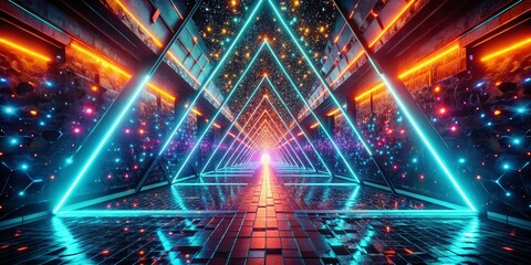 Wall Mural - futuristic neon triangle tunnel with square particles: abstract digital technology stock photo