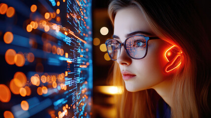 Young content creator focused on innovative digital technology with virtual interface elements