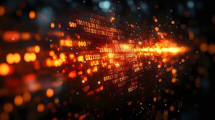 Digital binary code streaming with glowing orange light particles and bokeh effects against dark background, representing data flow and cyber technology.
