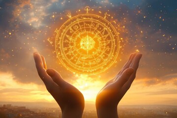 glowing zodiac wheel in mystical hands with dreamy sunset background