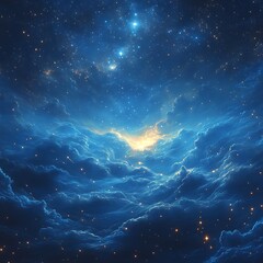 a beautiful deep blue space scene with glowing stars and cloud-like nebulae