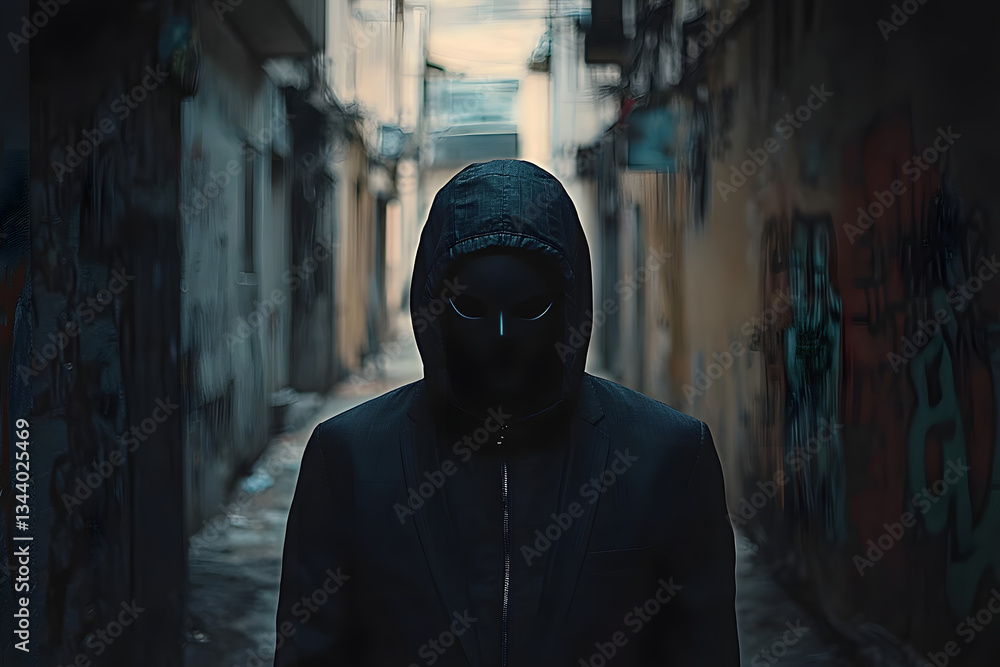 Mysterious masked figure in a dark alley wearing a suit, exuding an ...