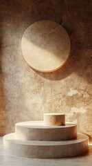 Fototapete - Soft sunlight filters through a window, highlighting a sculptural stone podium with tiers. Above it, a large circular stone casts gentle shadows, creating an atmosphere of tranquility and elegance