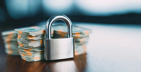 Fototapete - A strong metal lock secures piles of cash, symbolizing the importance of privacy and protection in banking. The scene emphasizes financial security and safeguarding assets.