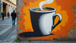 © AlIKY - Coffee cup street art on weathered urban wall