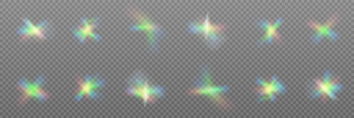Wall Mural - rainbow crystal light leak flare reflection effect. vector illustration set. colorful optical rainbo