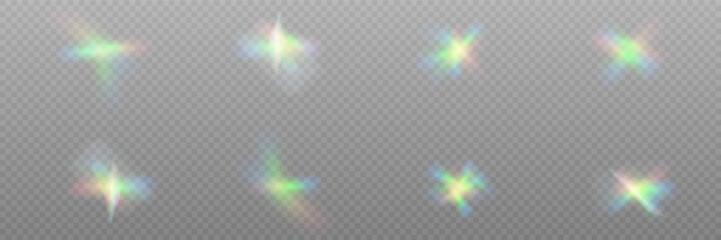 Wall Mural - rainbow crystal light leak flare reflection effect. vector illustration set. colorful optical rainbo