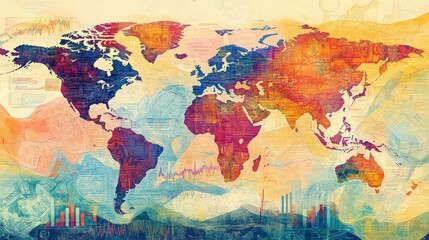  A colorful, artistic map of the world showcasing various countries with vibrant hues and abstract designs.