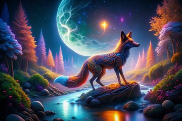 Wall Mural - Long Exposure Japanese Papercut Kitsune Fox Scenery - Mystical Night Landscape