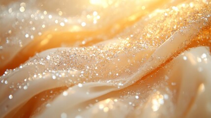 Poster - Soft, shimmering fabric glistens under a warm golden light, enhancing the exquisite detailing and texture. The sparkling particles add an ethereal quality, evoking a sense of luxury.