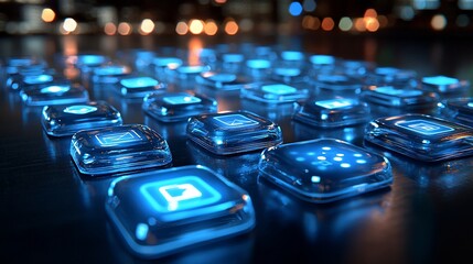 Glowing Blue Digital Interface Buttons Cityscape Background