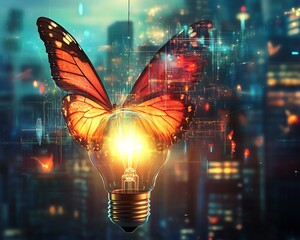 Poster - A surreal depiction of a glowing light bulb with butterfly wings, hovering over a digital landscape, symbolizing innovation and new ideas, vibrant colors, ultraHD