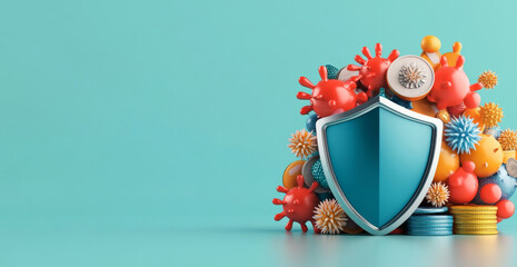 Fototapete - A vibrant display features a shield representing security, surrounded by colorful symbols illustrating banking, privacy, and protection from online threats.