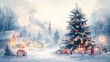 © Jdgkxbnc - Watercolor Christmas Winter Scene Snow Covered Tree Ornaments Gifts Village