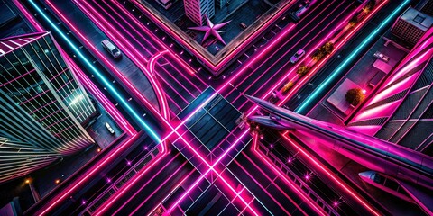 Wall Mural - Luxurious Abstract: Bold Neon Pink & Black Diagonal Lines Aerial View