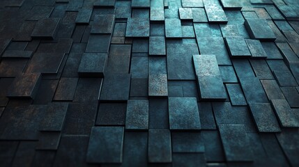 The image features a futuristic and high-tech design set against a dark background, incorporating a rectangular block structure, a wall texture with a 3D rectangle tile pattern, and is a 3D render