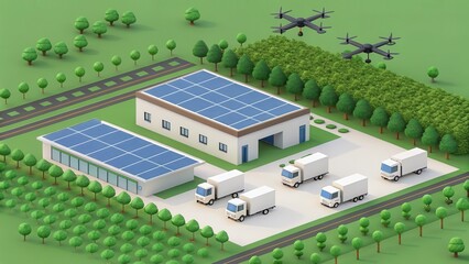 Poster - A modern facility featuring solar panels, delivery trucks, and drones, set amidst greenery, emphasizing sustainability and logistics.