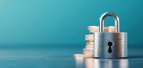 Fototapete - A shiny padlock rests beside a stack of gold coins, representing the importance of security in banking. This visual emphasizes financial privacy and protection of assets.