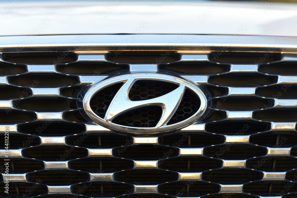 Minsk, Belarus. Feb 8, 2025. Hyundai front grille with prominent silver ...