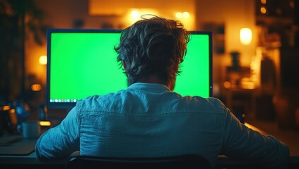 Man works late at home, green screen computer