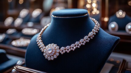 Aufkleber - A stunning diamond necklace is elegantly showcased on a velvet display. Set in a luxurious jewelry shop, the intricate design captures brilliant light, emphasizing its beauty.