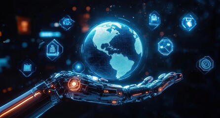 Futuristic Robotic Hand Holding Digital Earth in Cyberpunk Style with Technology and Innovation Icons