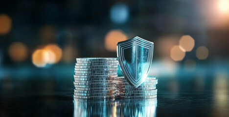 Fototapete - Coins are stacked in a secure formation with a shield placed prominently in the foreground. This visual emphasizes the need for safety and privacy in banking and financial matters.