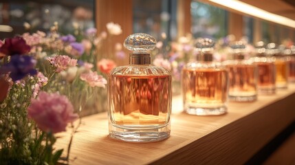 Poster - Colorful perfume bottles are artistically arranged on a wooden shelf, surrounded by vibrant flowers. Soft natural light enhances the elegant composition, creating a serene atmosphere.