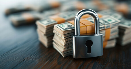 Leinwandbilder - A sturdy silver padlock secures stacks of cash on a wooden surface, highlighting the importance of privacy and security in banking. This setup emphasizes protecting wealth in financial transactions.