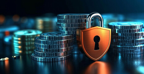 Fototapete - A metal padlock rests on a stack of shiny coins, symbolizing banking security and privacy. The contrasting colors reflect the importance of safeguarding financial assets and personal data.