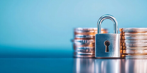 Fototapete - A metallic padlock secured on a reflective surface stands prominently in front of neatly stacked coins. This setup highlights the importance of privacy and security in banking practices.