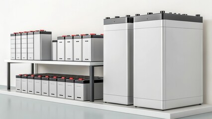 Aufkleber - A modern display of various battery types arranged neatly on shelves in a clean, minimalist setting.