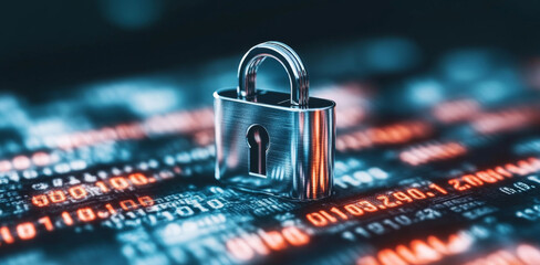 Poster - A metallic lock stands prominently on a backdrop of blurred binary code. The scene highlights the importance of security and privacy in digital banking, emphasizing safe transactions.