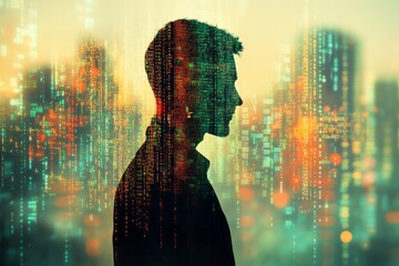 Man silhouette overlaid with digital code and cityscape view