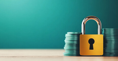 Leinwandbilder - A shiny gold padlock is placed among stacks of coins, symbolizing security in banking. The scene conveys a strong message about protecting financial privacy and ensuring safe transactions.