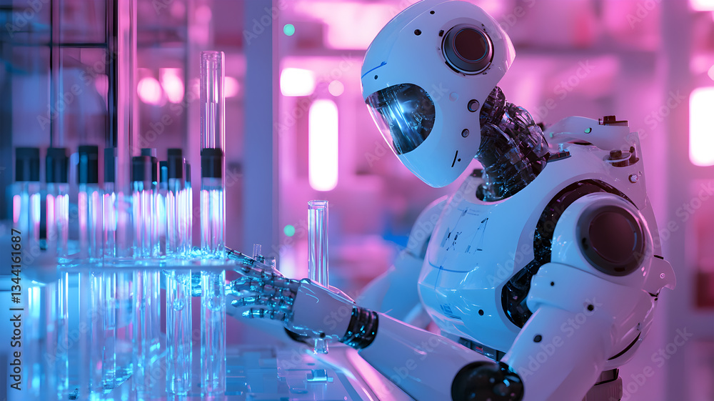 Cute humanoid robot working in futuristic science laboratory with test ...