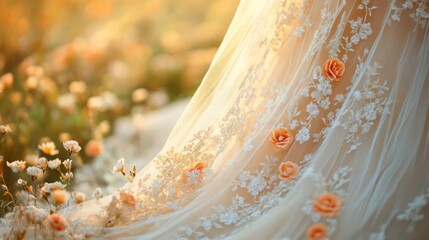 Aufkleber - An intricately designed gown with floral lace details displays vibrant orange roses in a lush field. The warm glow of golden hour enhances the scene, highlighting the dress's elegance.