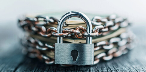 Leinwandbilder - A close-up view shows a sturdy padlock connected to a heavy chain, securing stacks of banknotes. The scene illustrates the importance of safeguarding financial assets and ensuring privacy.