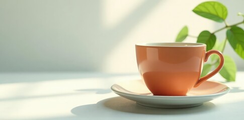 Wall Mural - Tea cup on a minimalist background featuring a few sprigs of greenery, clean, table