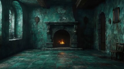 Wall Mural - a dark room with a fireplace and a chair