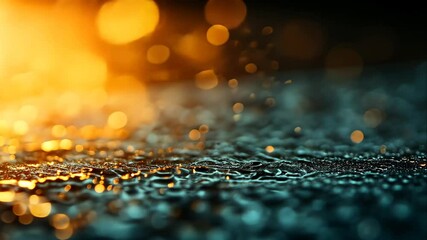 Wall Mural - Abstract golden glowing particles on a reflective surface with blurred bokeh effect.