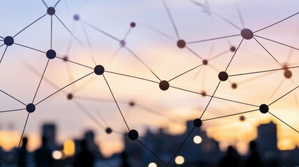 Abstract network structure against a sunset city backdrop