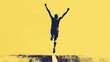 © Bubi Studio - A graphic art representation of a victorious athlete crossing the finish line, arms raised, in bold yellow and black contrast