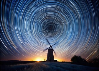 Wall Mural - Minimalist Circumpolar Star Trails Over Windmill at Night
